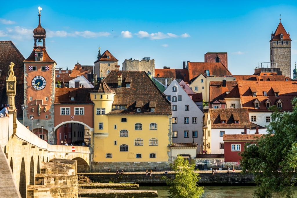 Scenic view of Regensburg old town with colorful historic buildings