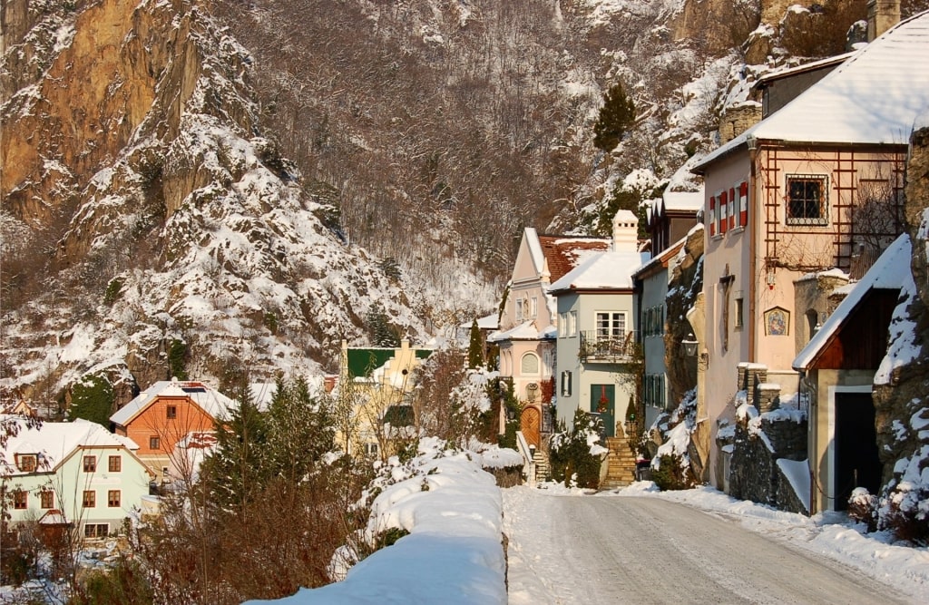 Historic Dürnstein village in Austria during snowy Christmas season