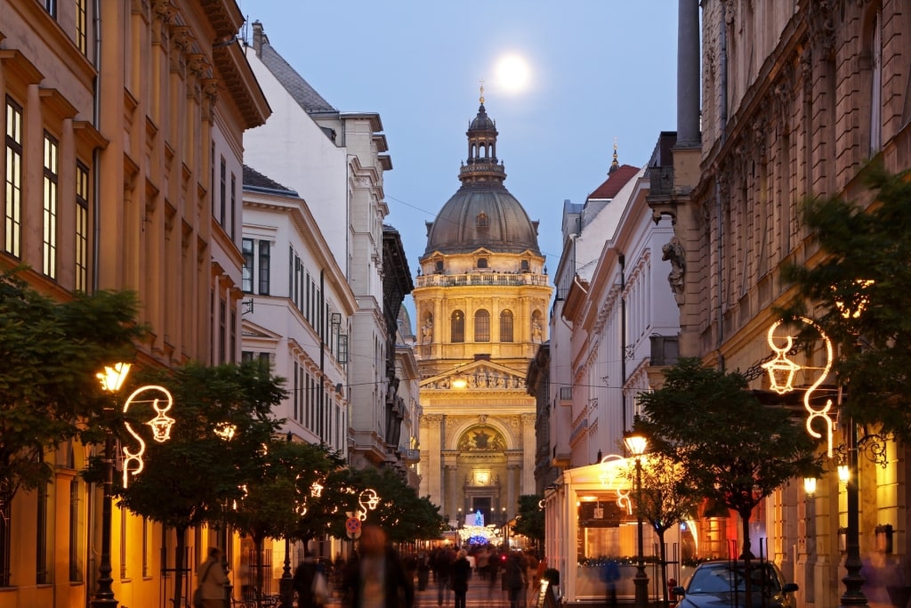 Colorful Christmas decorations and illuminated streets in Budapest, Hungary