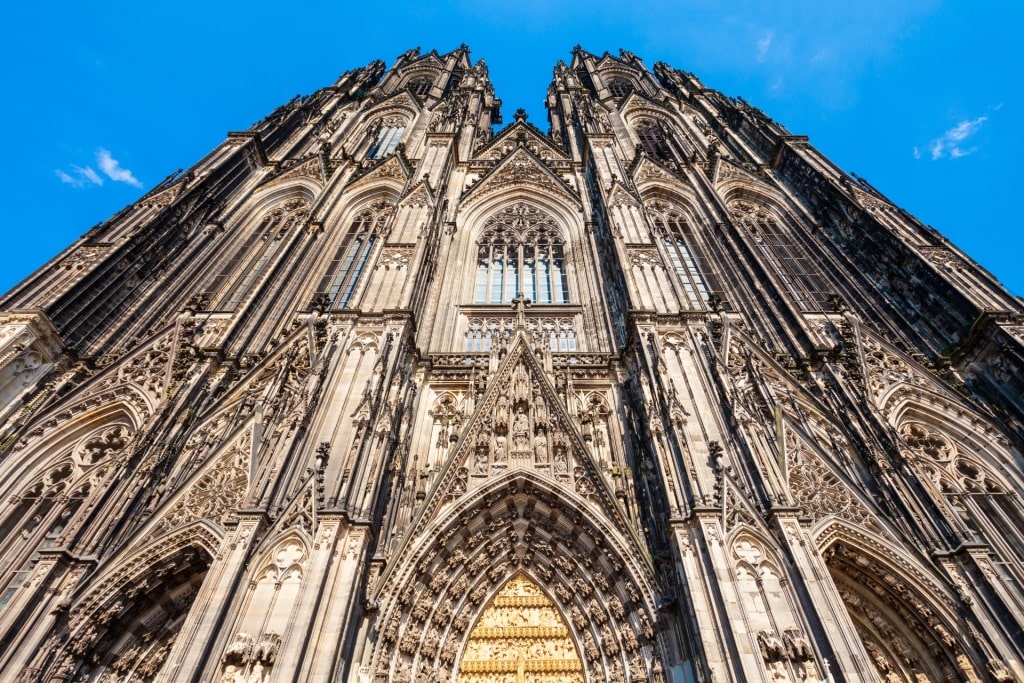 Exterior facade of Cologne Cathedral, historic Gothic landmark in Germany