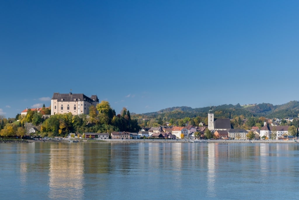 Panoramic view of Grein on the Danube River in Austria