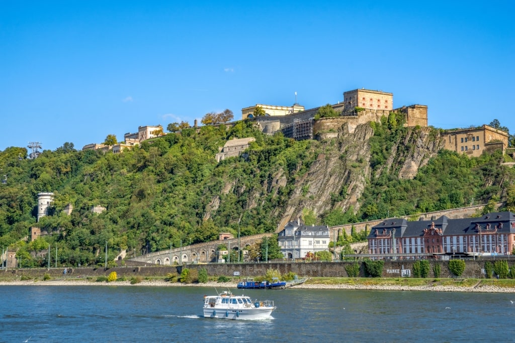 Scenic view of Ehrenbreitstein Fortress above the river in Koblenz, Germany