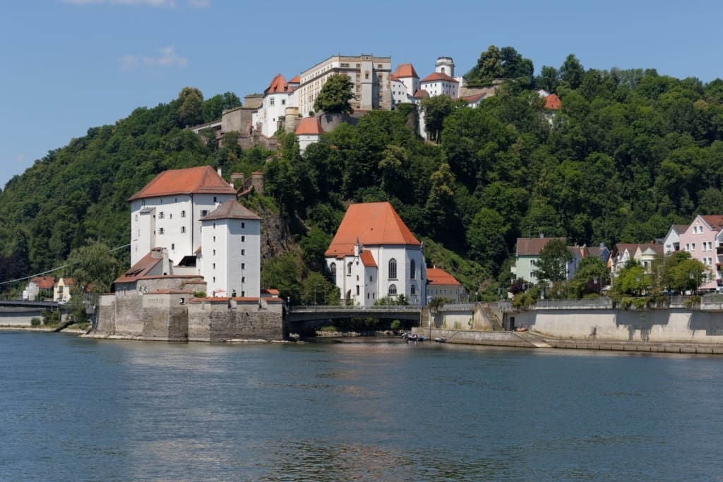 Scenic view of Passau, Germany with Veste Oberhaus along the river Danube