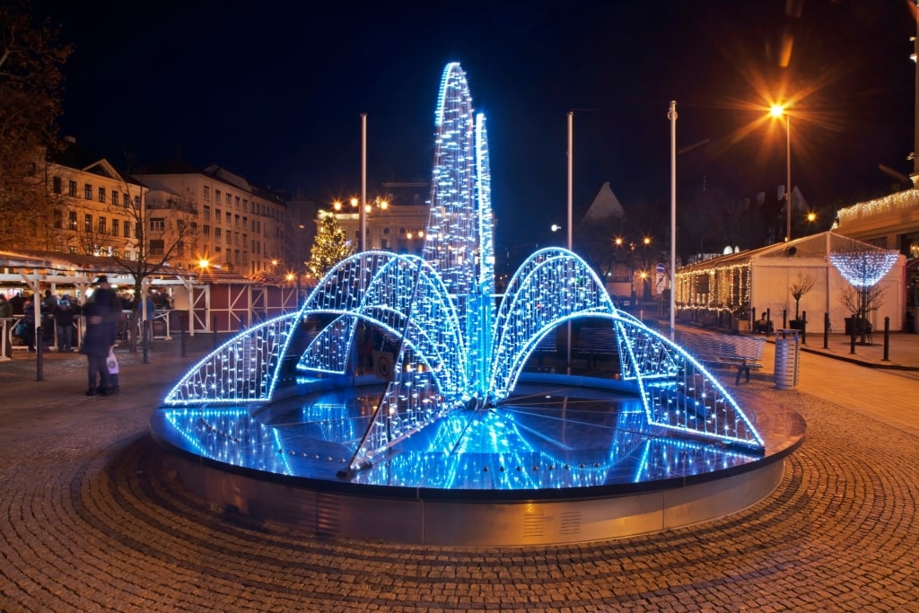 Bright Christmas lights at the Hviezdoslavovo Námestie