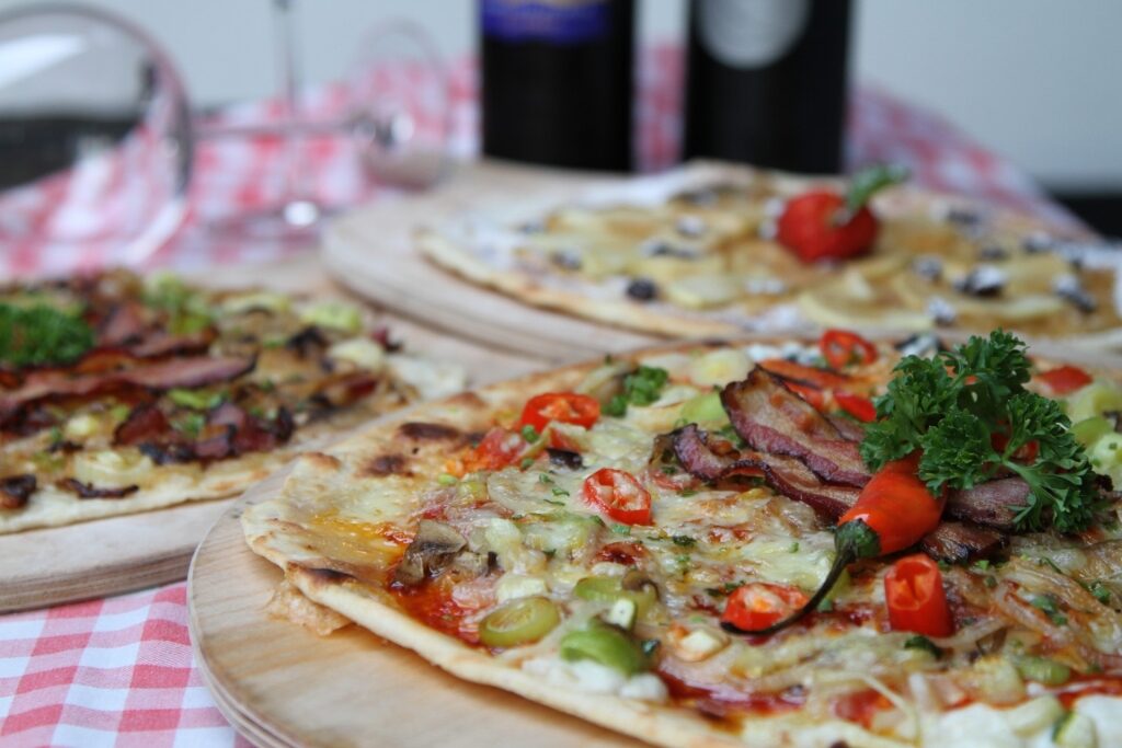 Freshly made flammkuchen at a restaurant