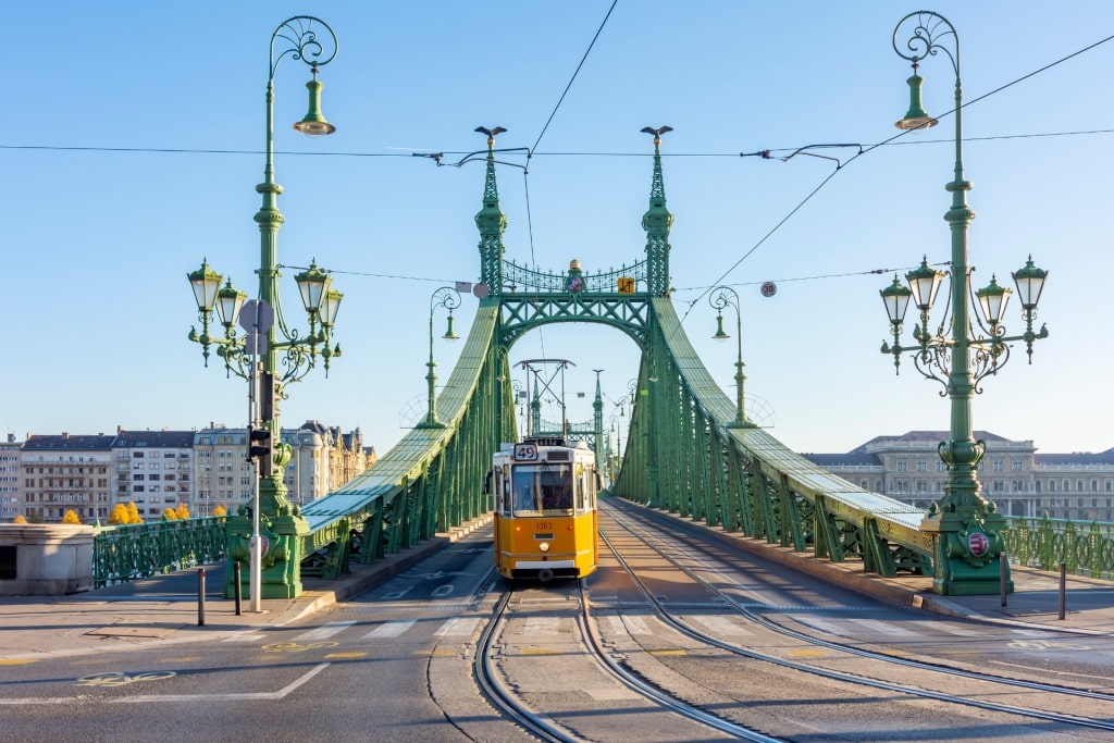 Yellow tram crossing Liberty Bridge