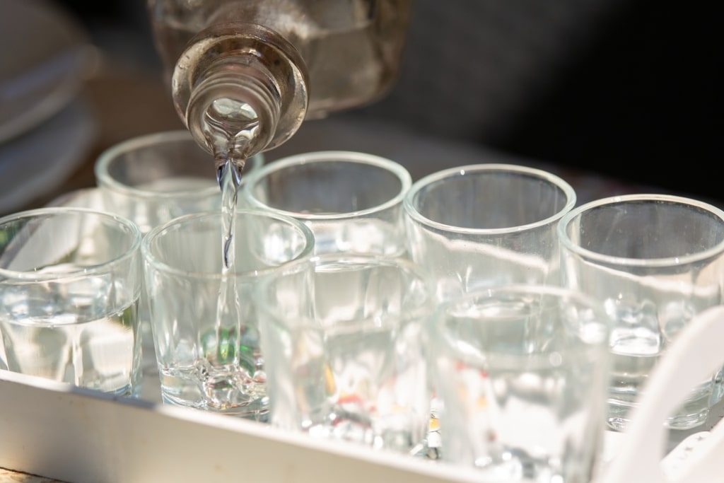 Pálinka being poured in shot glasses