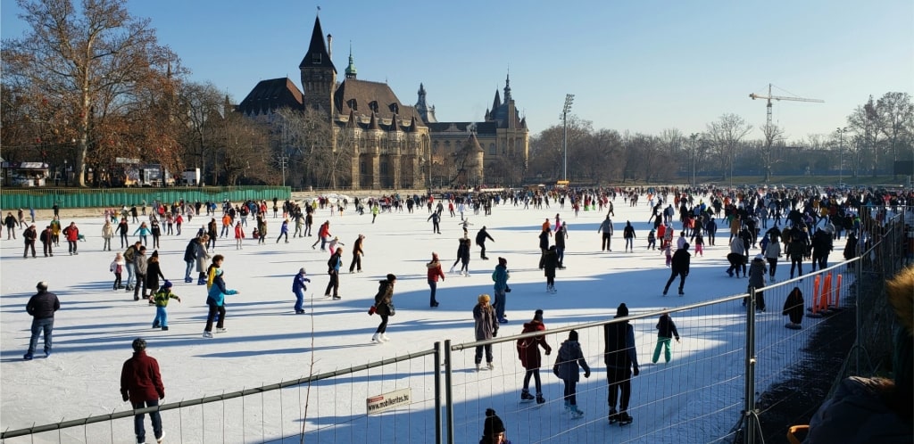 Tourists skating at City Park ice rink Budapest