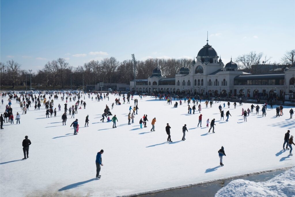 Tourists skating at City Park ice rink Budapest