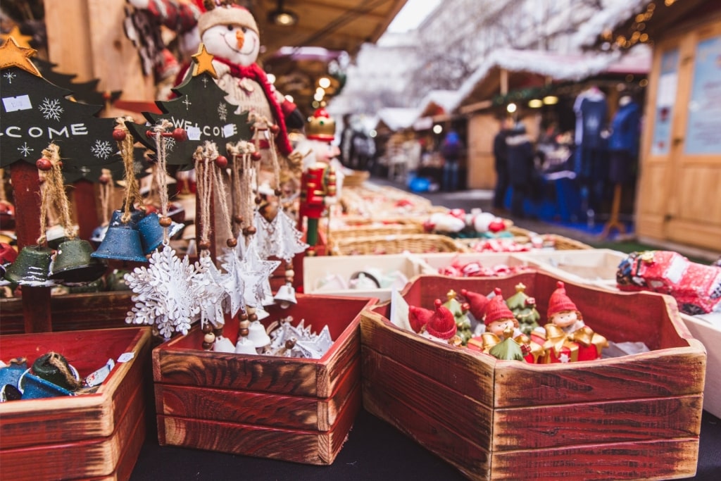 Variety of decorations for sale at Budapest Christmas market