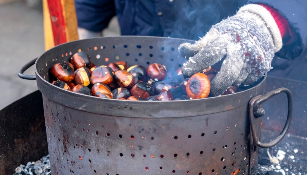 Freshly roasted chestnuts for sale at market