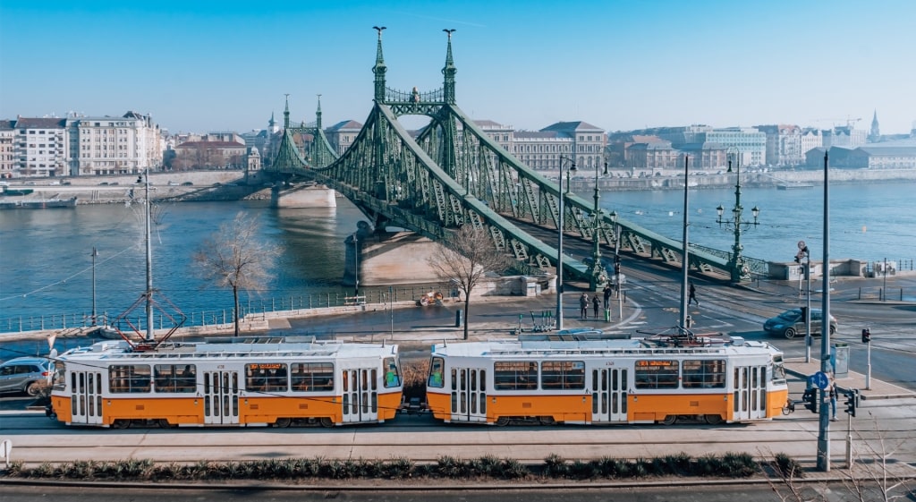 Liberty Bridge over Danube river with tram in Budapest