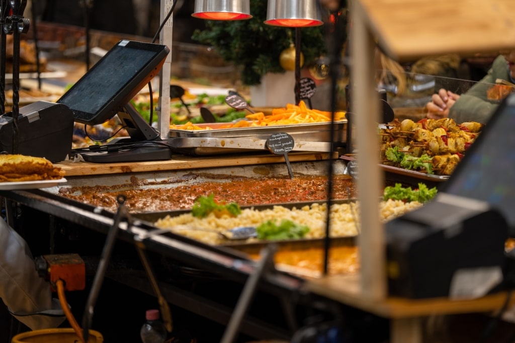 Food stall at Vörösmarty Square Christmas Market in Budapest