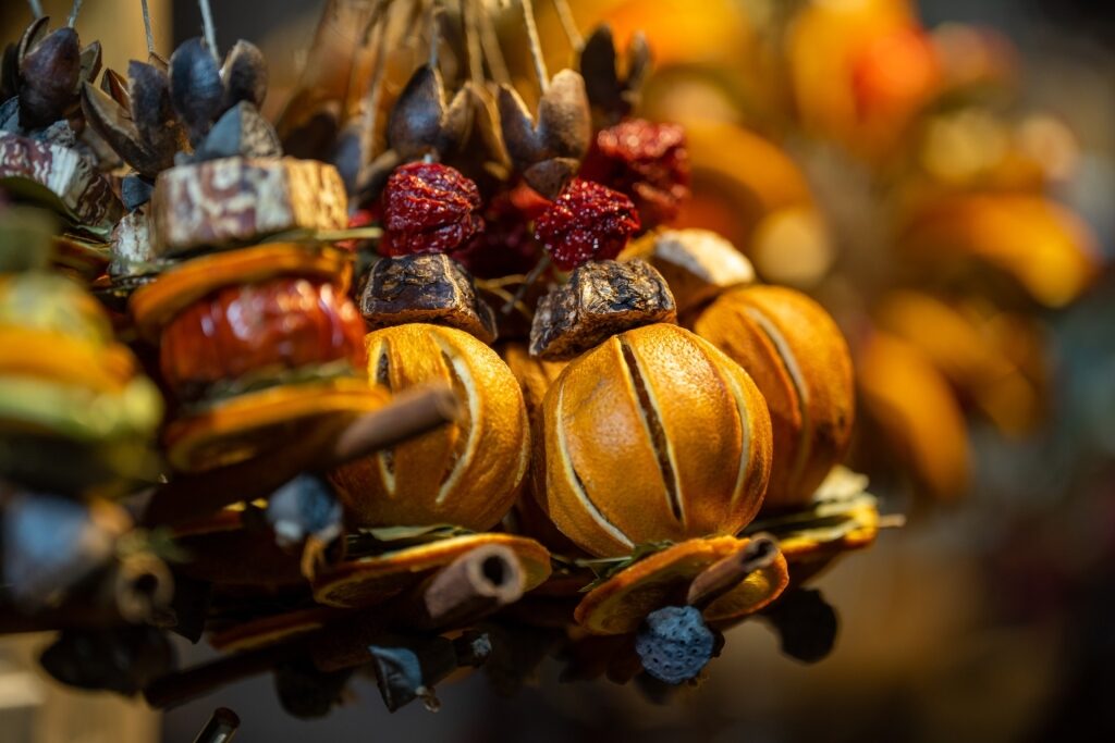 Close-up of dried fruit ornaments for Christmas decoration