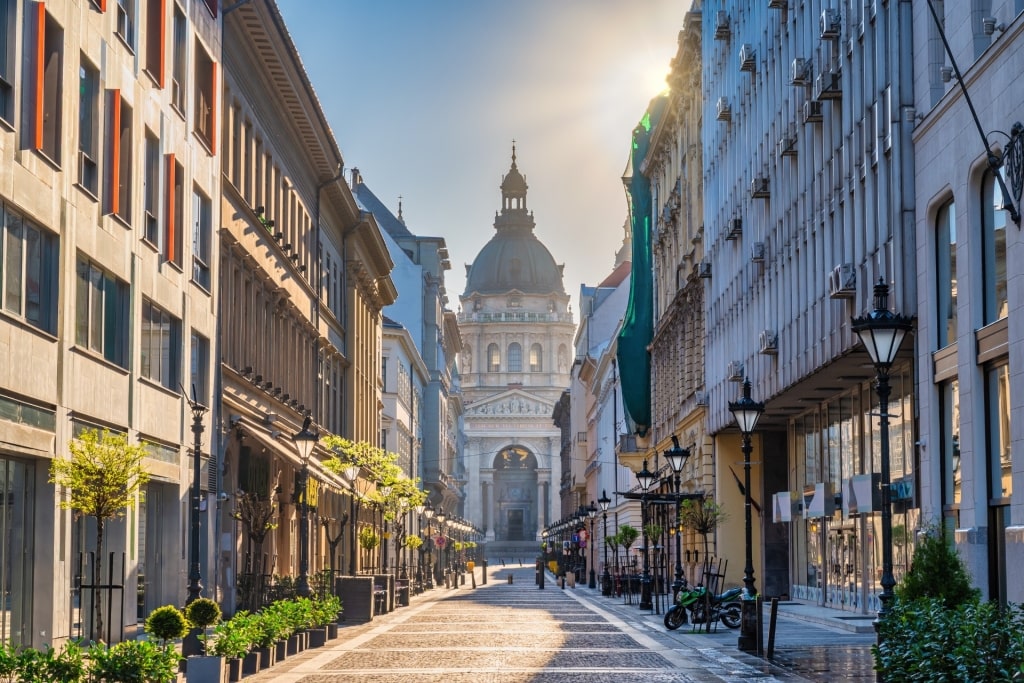 Street view in Budapest with St. Stephen’s Basilica