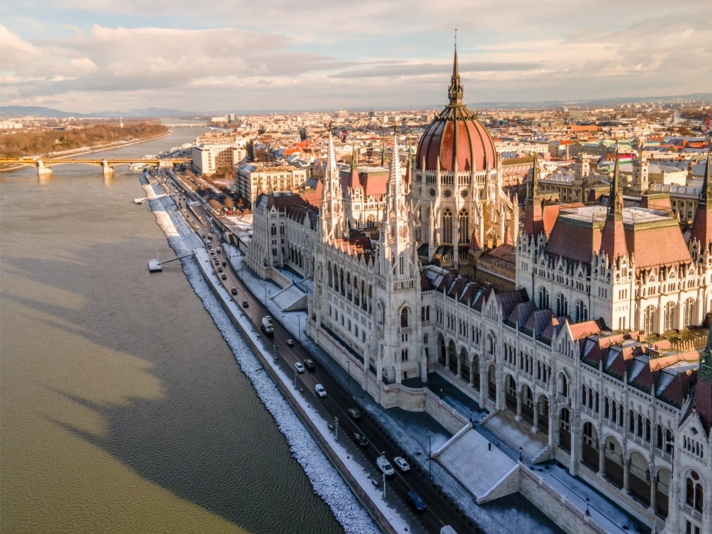 Snowy landscape of Budapest in December
