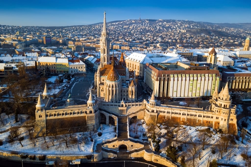 Aerial view of Budapest in December