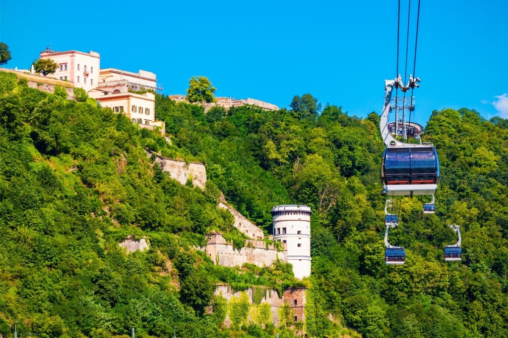 Lush landscape of Festung Ehrenbreitstein, Koblenz with Koblenz Cable Car