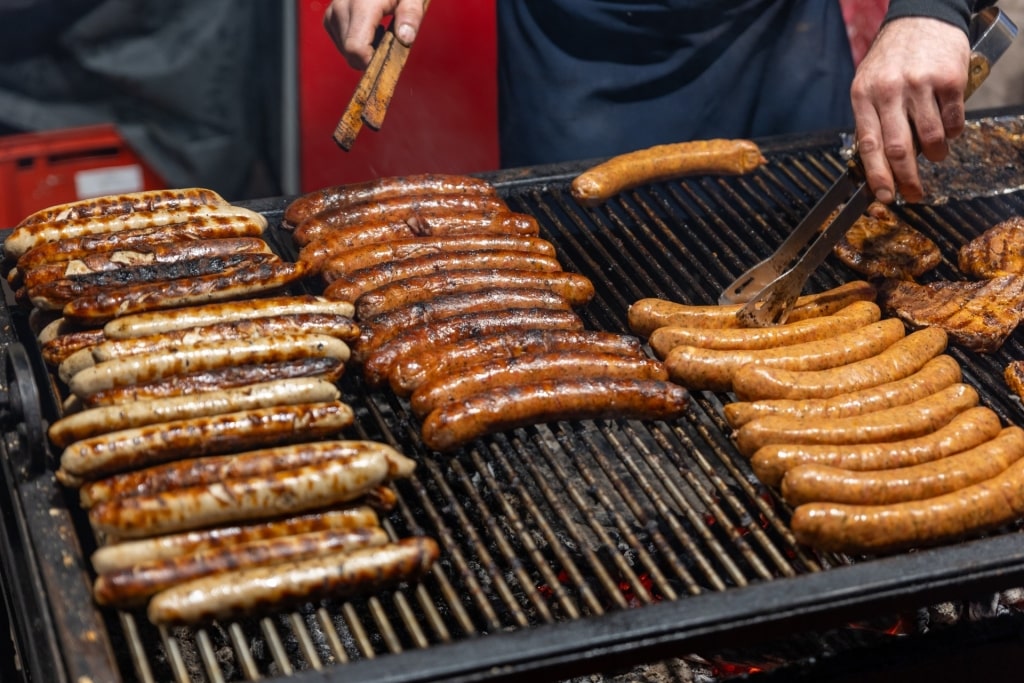 Traditional German Bratwurst at festive Christmas market
