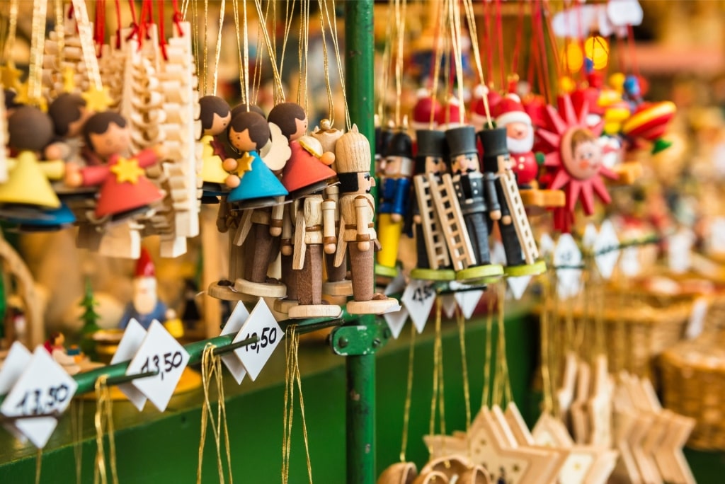 Festive wooden toys for sale at German Christmas market.