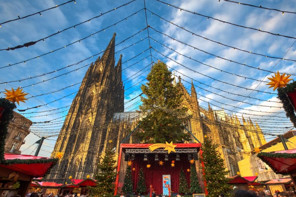 Christmas in Germany with Cologne Cathedral and market stalls