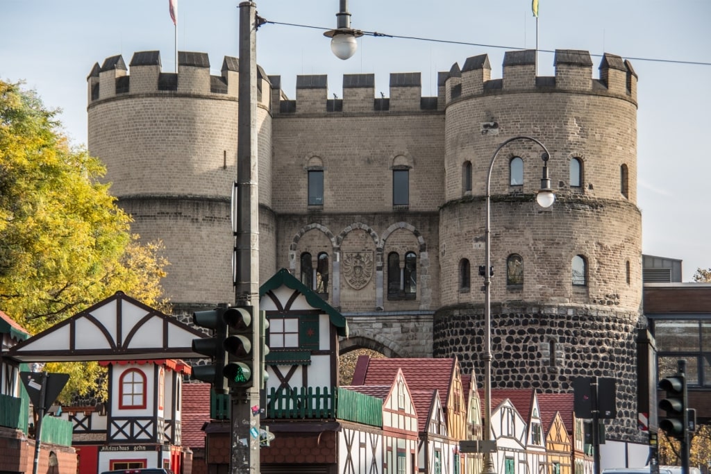 Market stalls lined up from Nicholas Village at Rudolfplatz