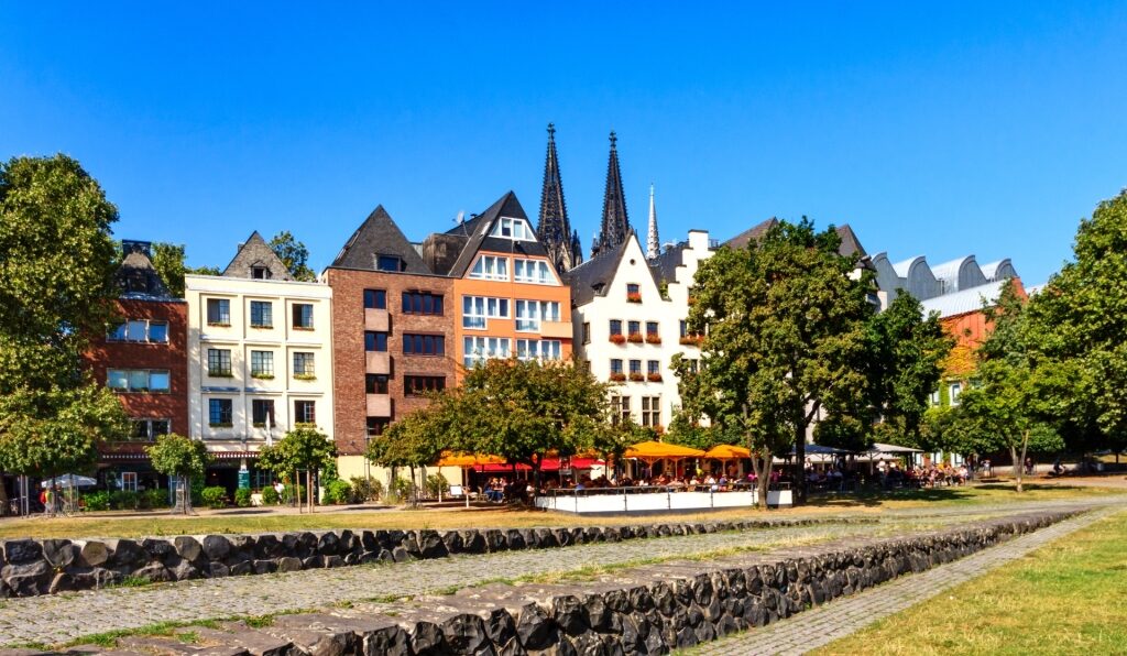 Row of vibrant traditional buildings in Cologne old town