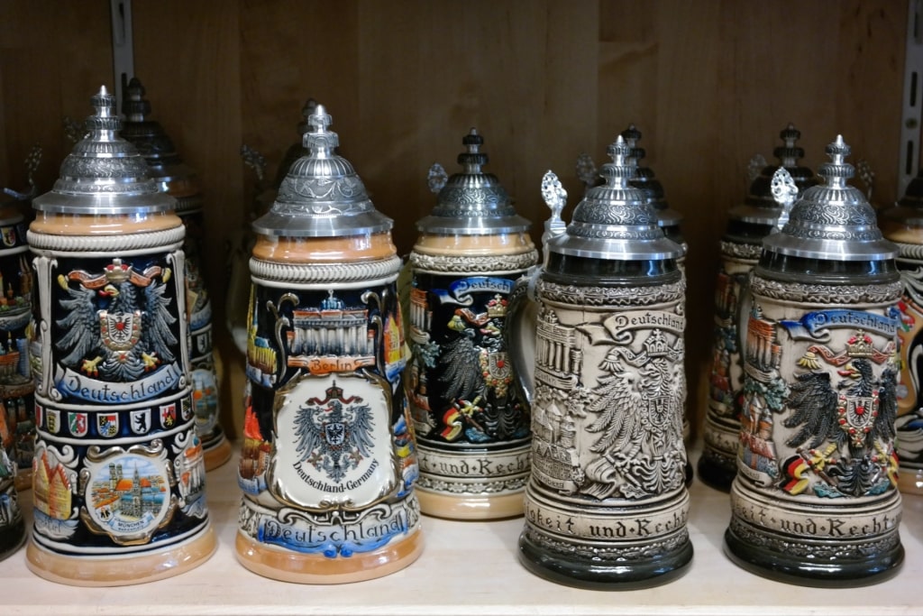 Traditional beer steins for sale as German souvenirs