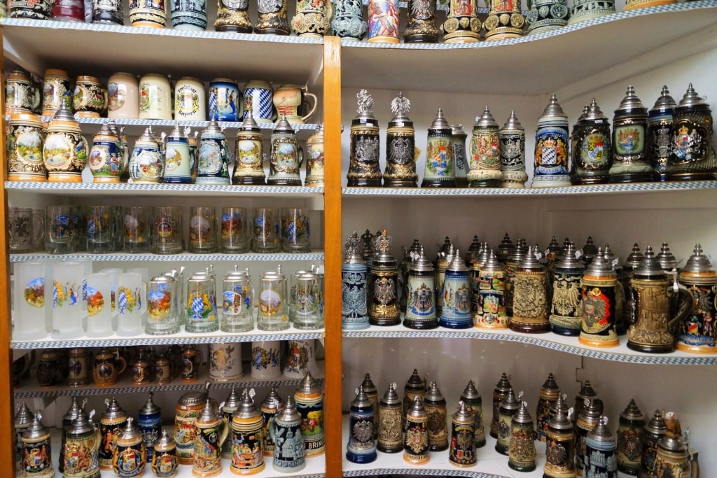 Traditional beer steins for sale as German souvenirs