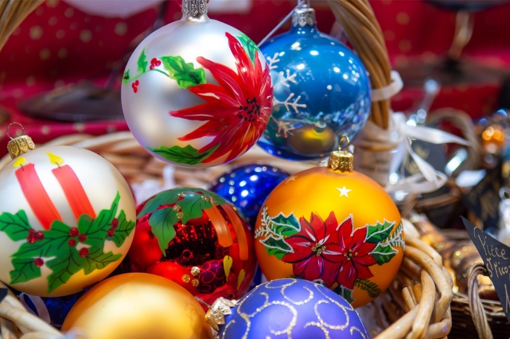 Hand-painted Christmas decoration balls on display