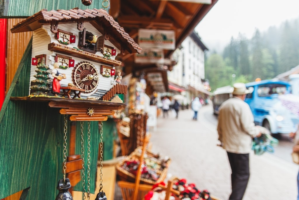 Traditional cuckoo clocks for sale as German souvenirs