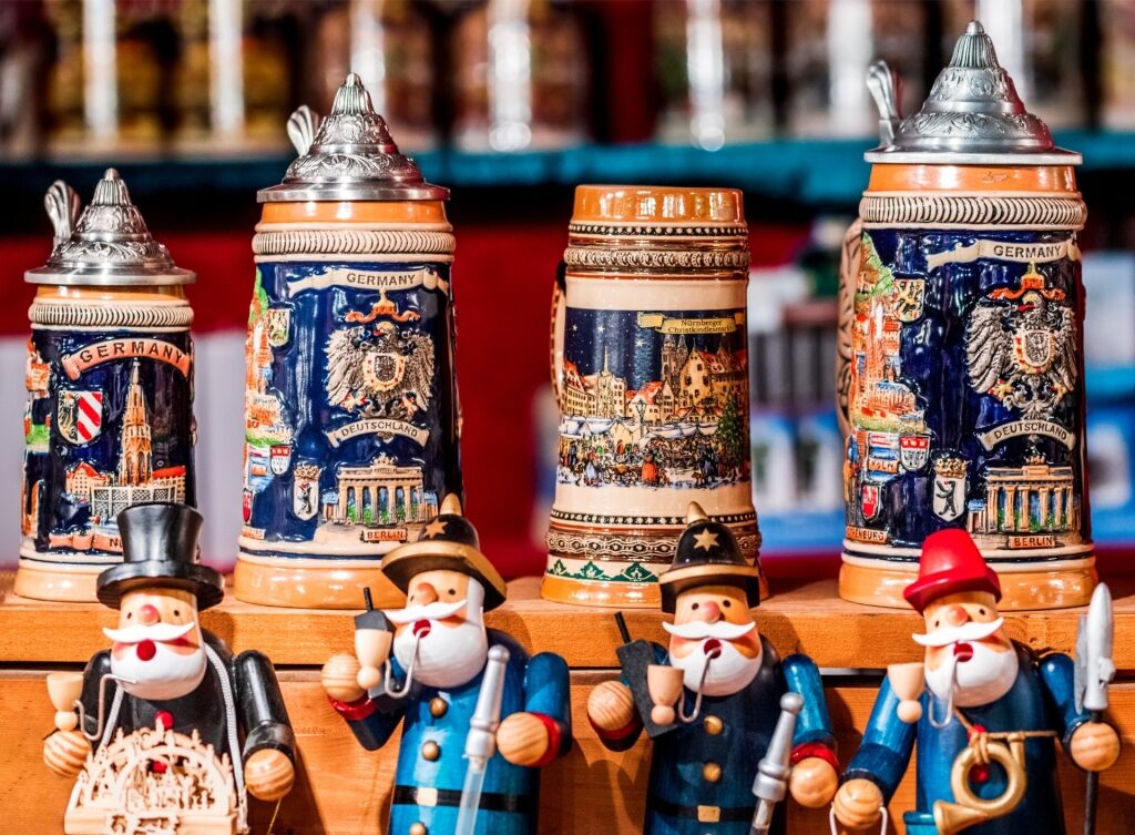 Traditional beer steins and German souvenirs on display