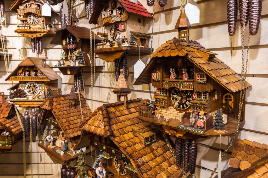 Traditional cuckoo clocks for sale as German souvenirs