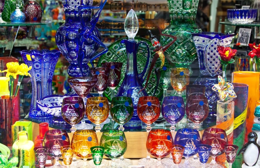 Handcrafted Bohemian crystal glassware on display