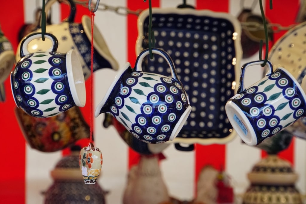 Authentic German blue and white ceramic tableware on display