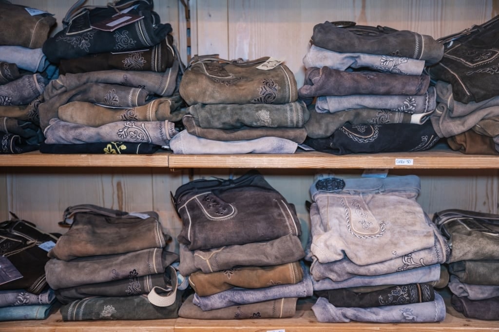 Traditional Bavarian lederhosen for sale in shop