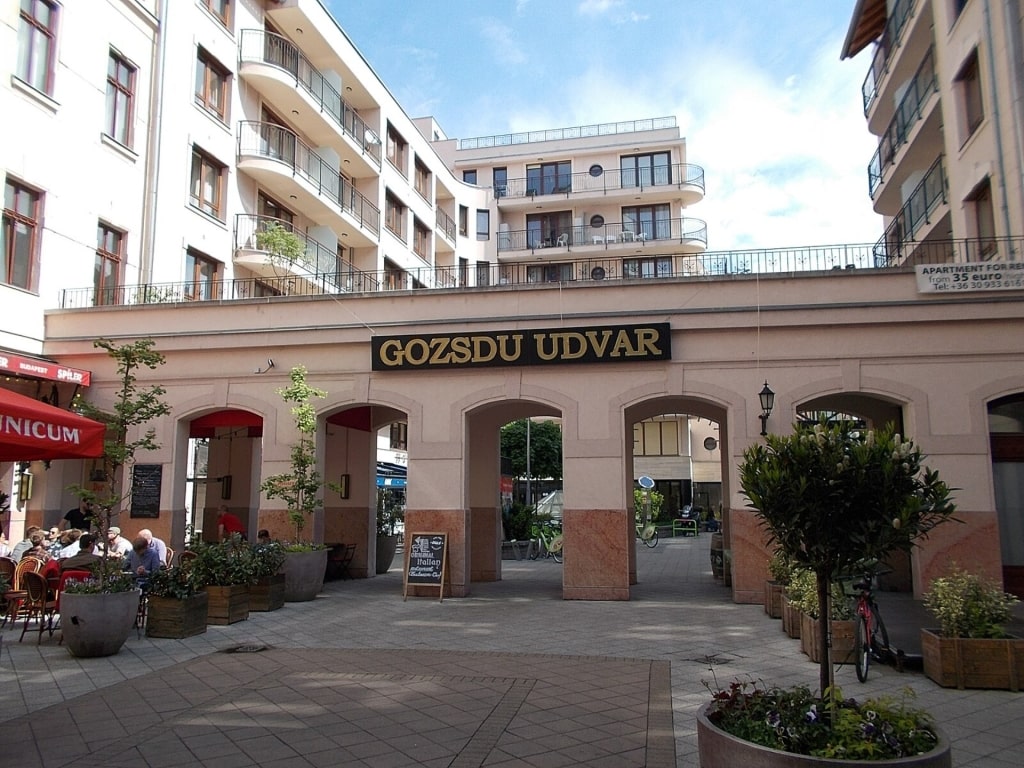 Street view of Gozsdu Udvar with restaurants