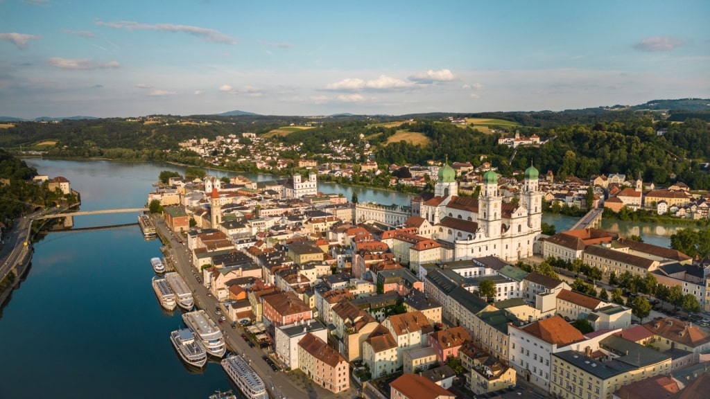 Aerial view of Passau Three Rivers Confluence, Passau