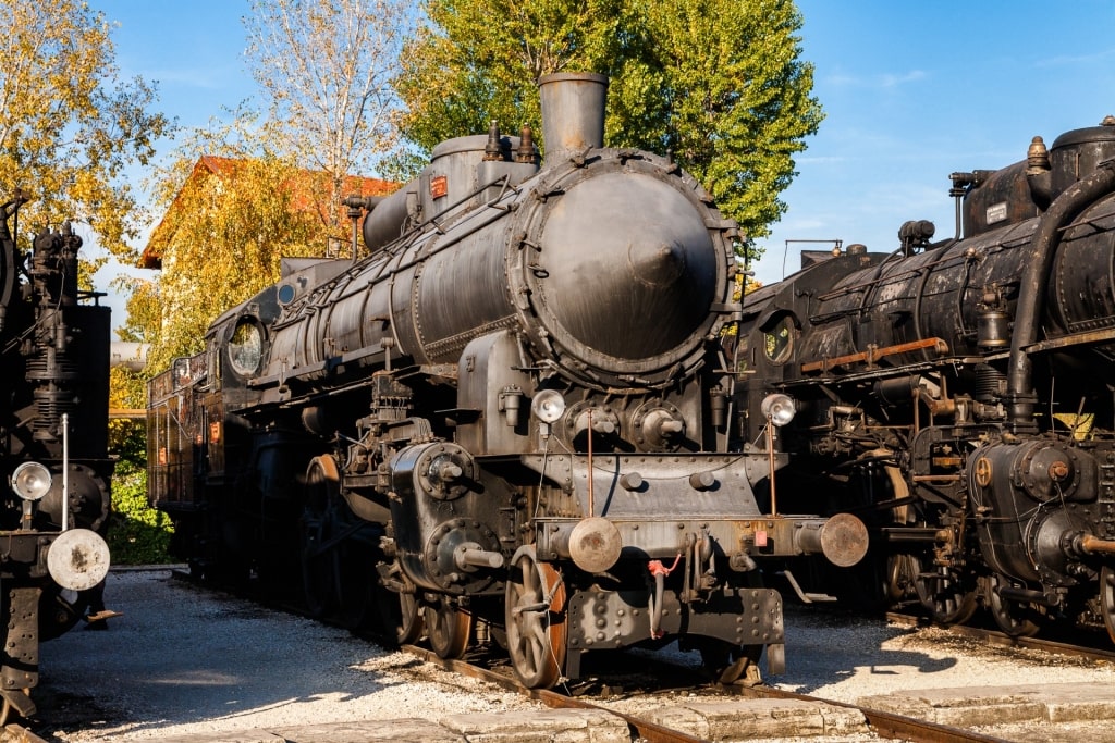 Historic black steam locomotive displayed at the Hungarian Railway Museum in Budapest
