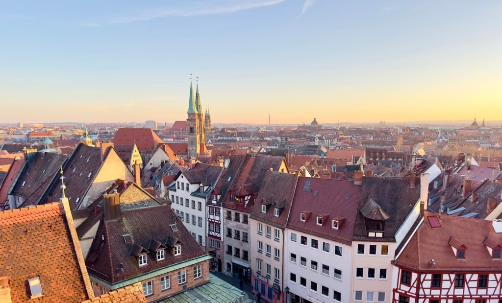 Aerial view of Nuremberg city with iconic towers and skyline