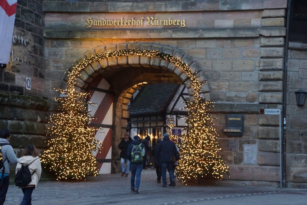 Nuremberg Christmas market Handwerkerhof with illuminated Christmas tree