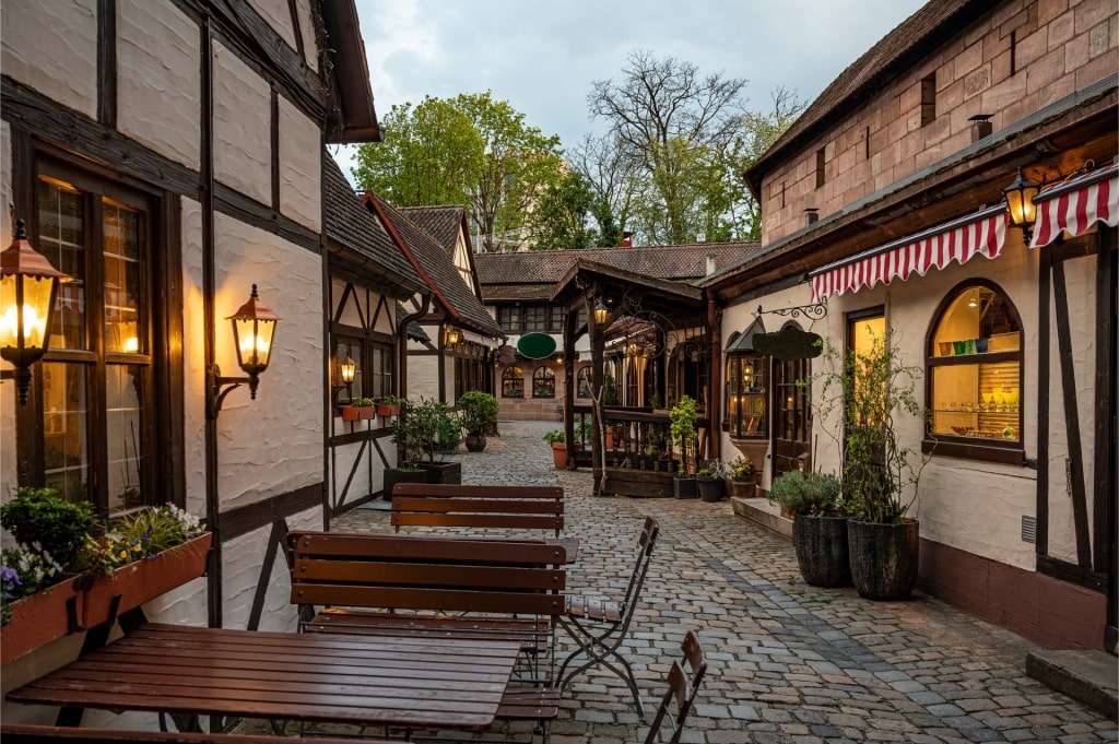 Historic Handwerkerhof marketplace featuring artisan shops and boutiques