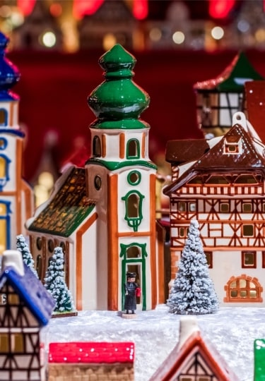 Colorful holiday gifts and crafts for sale at Christkindlesmarkt, Nuremberg