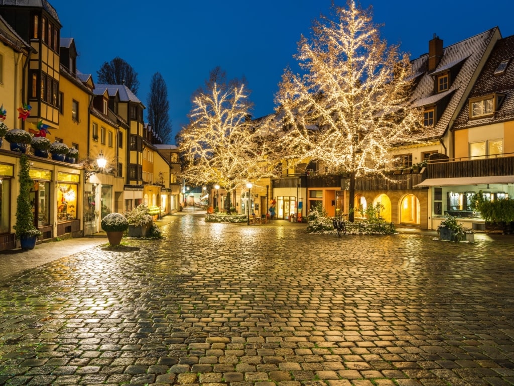 Trees lit up with festive lights in Nuremberg