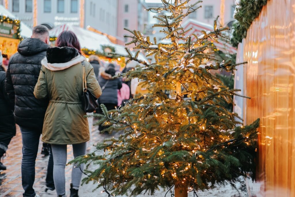 Festive holiday tree and crowds at Nuremberg Christmas market