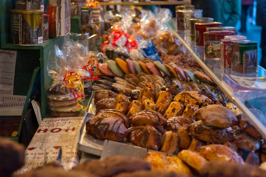 Assorted traditional holiday sweets displayed for sale