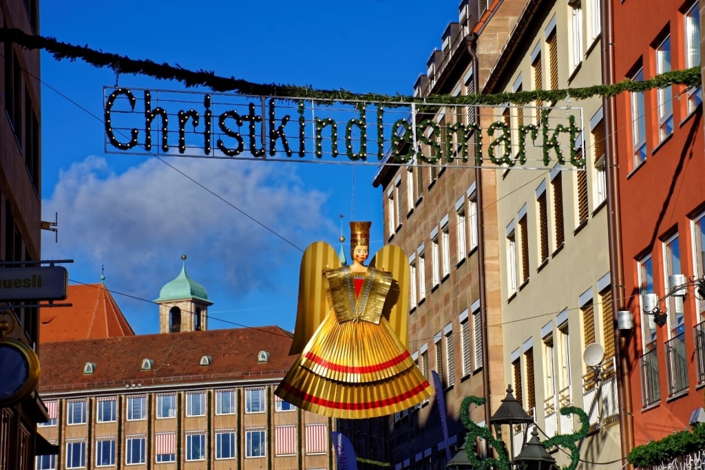 Christkindlesmarkt Entrance sign welcoming visitors to Nuremberg Christmas market
