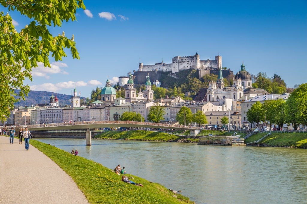 Scenic view of Old Town Salzburg with river and Hohensalzburg Fortress