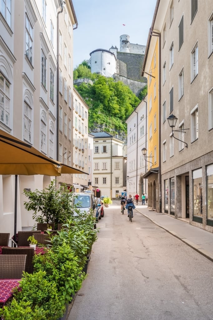 Scenic Getreidegasse Salzburg narrow alley with traditional buildings