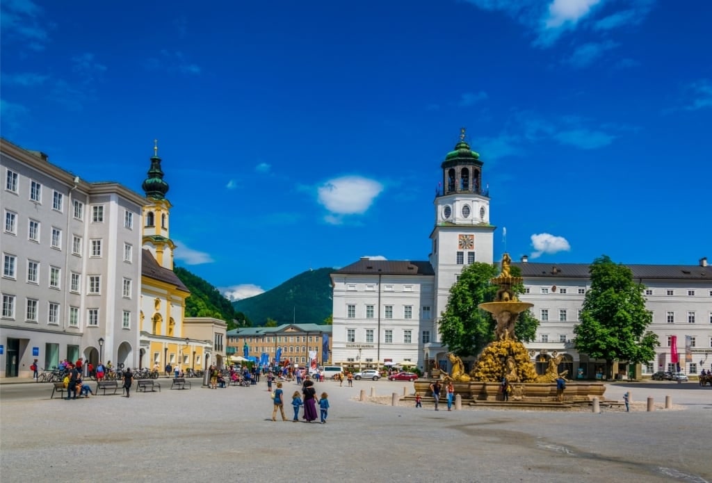 Residenzplatz central square with fountain in Salzburg